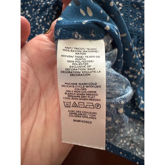 LOFT Blue Confetti Dot Long Sleeve Split Neck Smocked Casual Blouse Size XL - Picture 10 of 12